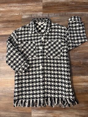 Black & White Houndstooth Fringe Button-Up Jacket